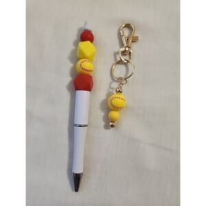 Bead Pin & Small Keychain Combo Yellow Baseball Red White